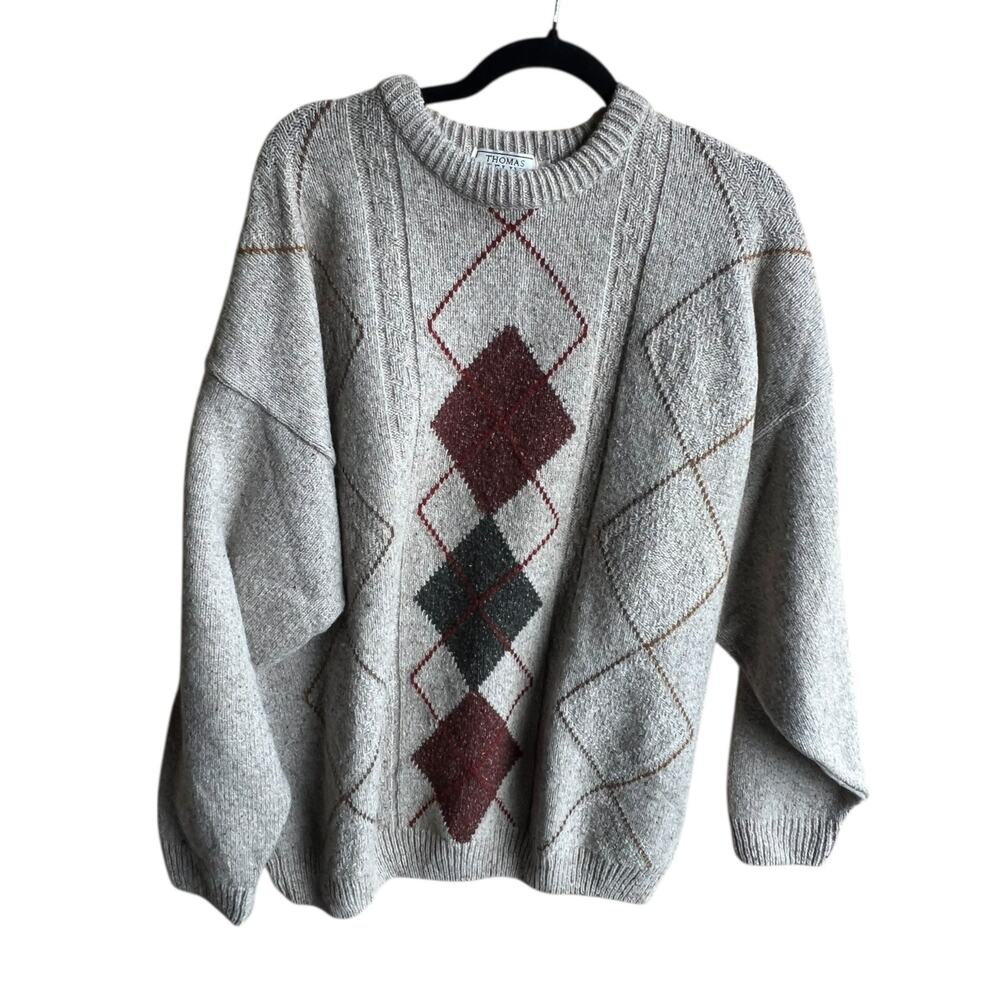 Thomas Keeling Vintage Wool Silk Men's XL Argyle Knit Sweater Beige Grandpa